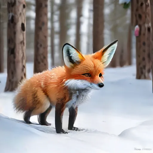 A generated photograph of a red fox standing in snow among pine trunks.