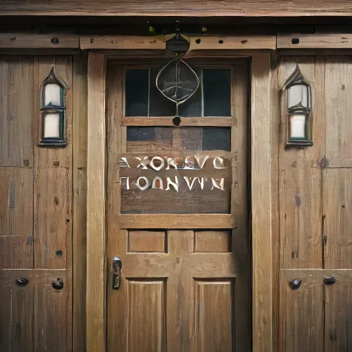 A generated photograph of a wooden door with a sign above it. The sign carries letter-shaped marks that spell nothing.