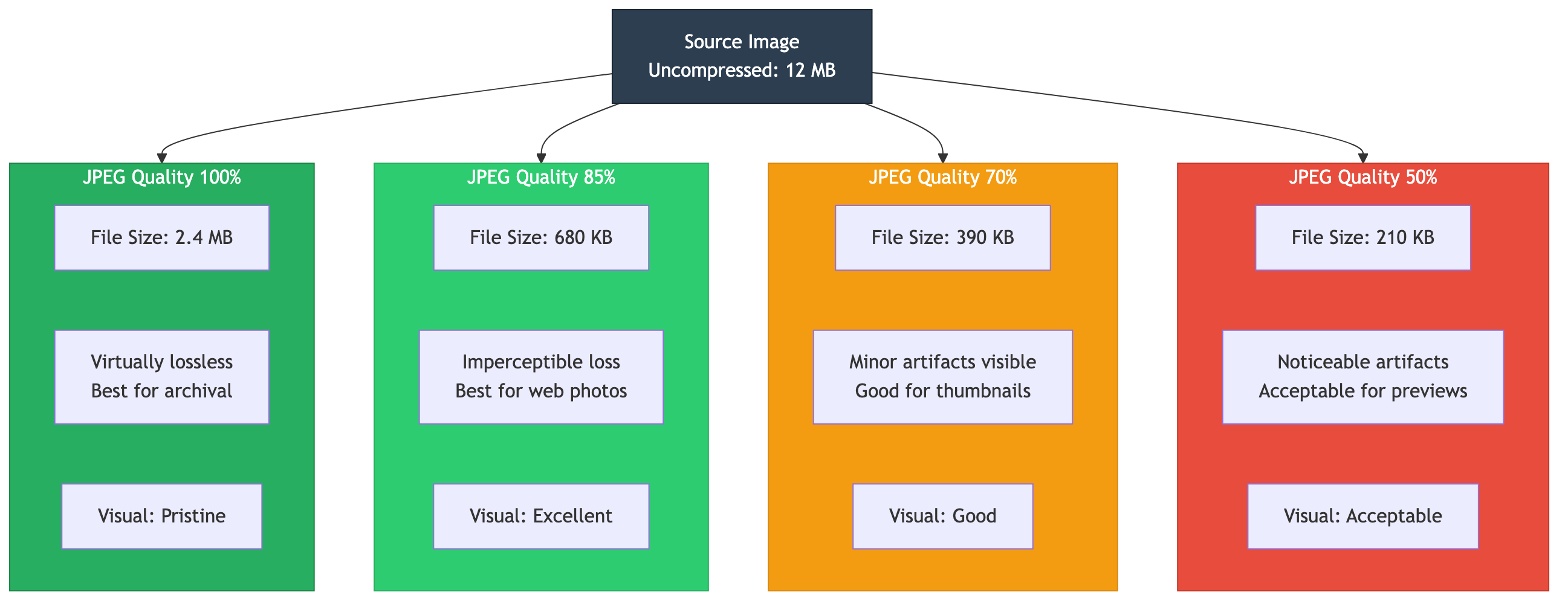 Side-by-side comparison of JPEG quality levels at 100%, 85%, 70%, and 50% with file sizes