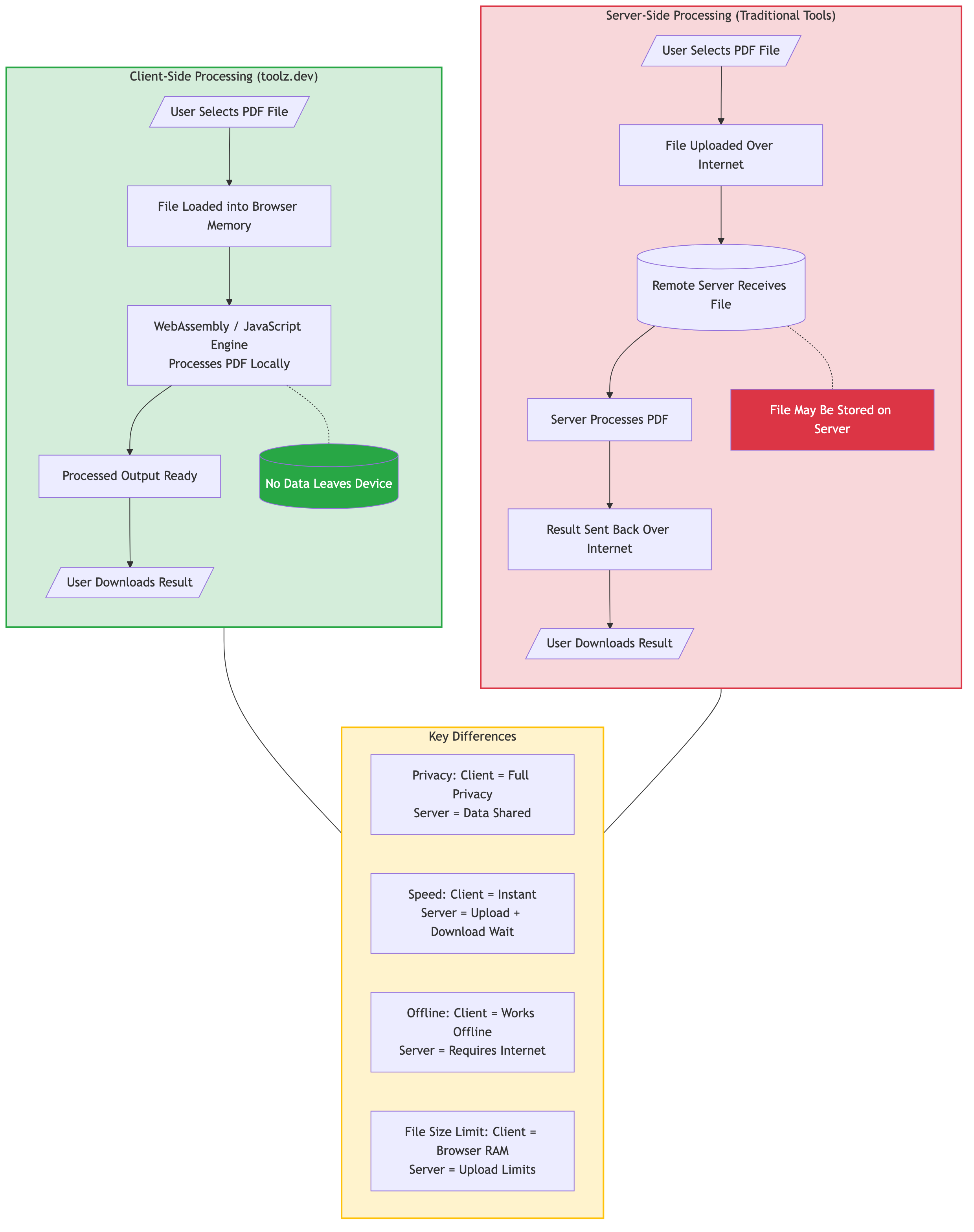 Infographic comparing client-side PDF processing vs server-side processing data flow